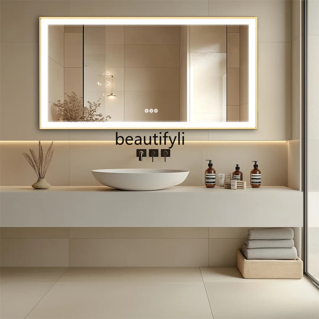 LUVODI Specchio da bagno grande con cornice dorata, senza nebbia, Smart Touch, illumina lo specchio per tutto il corpo