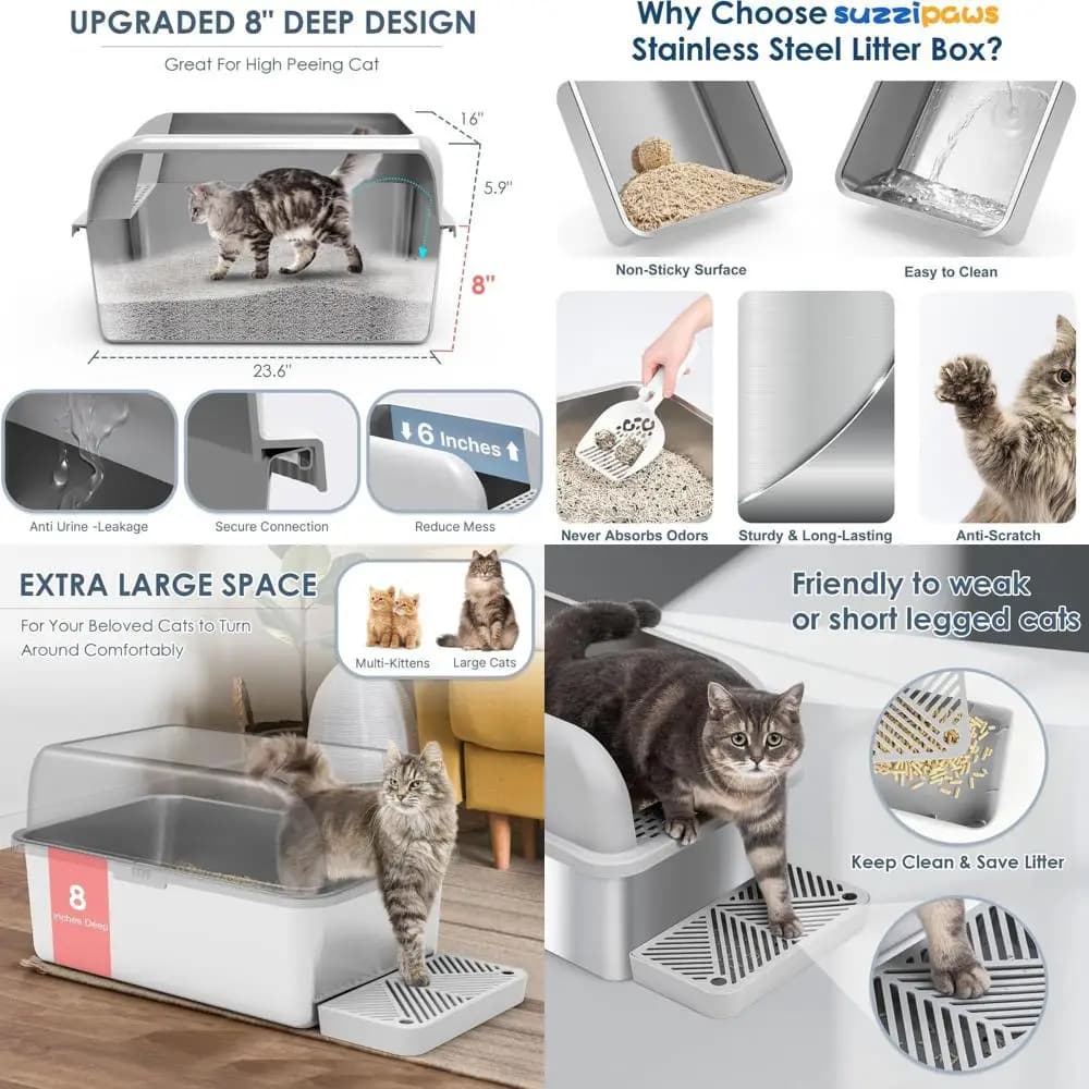 Lettiera Extra Large in Acciaio Inox con Coperchio per Gatti XL - Pareti Alte, Antiaderente, Impermeabile, Facile da Pulire