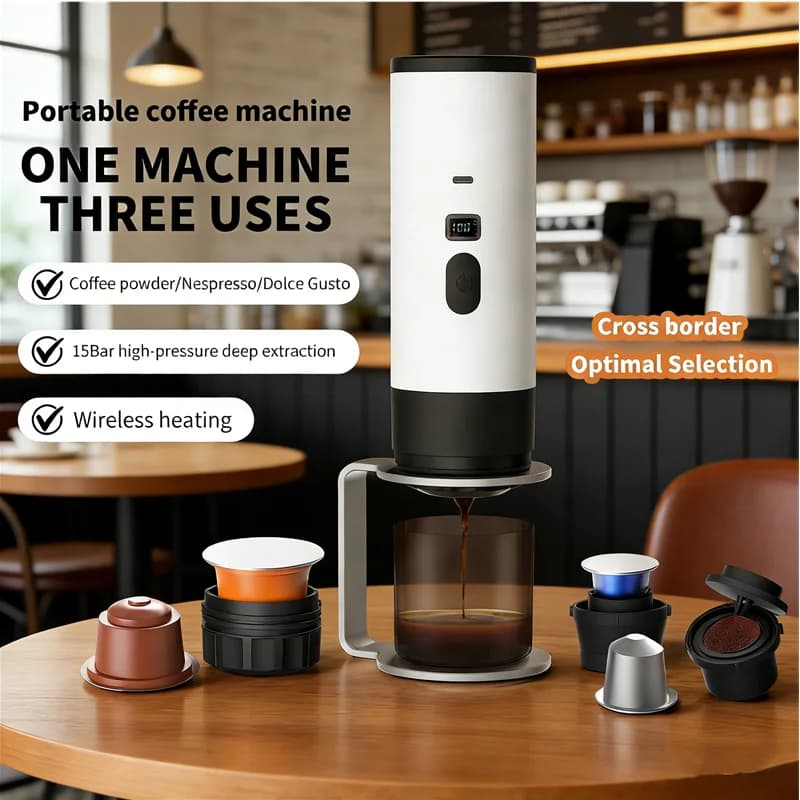 Macchina per caffè espresso elettrica wireless portatile 3 in 1 per campeggio domestico in auto - Caffettiera da viaggio in polvere con capsule