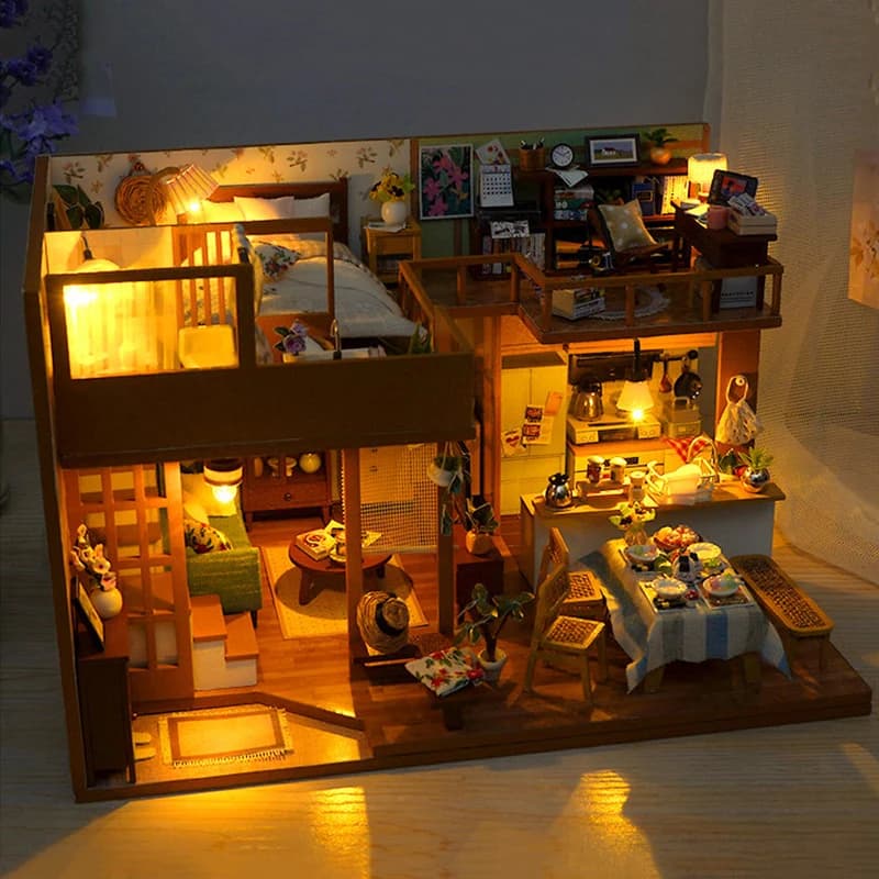 NUOVE figurine giapponesi in legno fai-da-te Loft Casa Miniature assemblate Villa per amici Regali di compleanno Decorazione della casa Artigianato