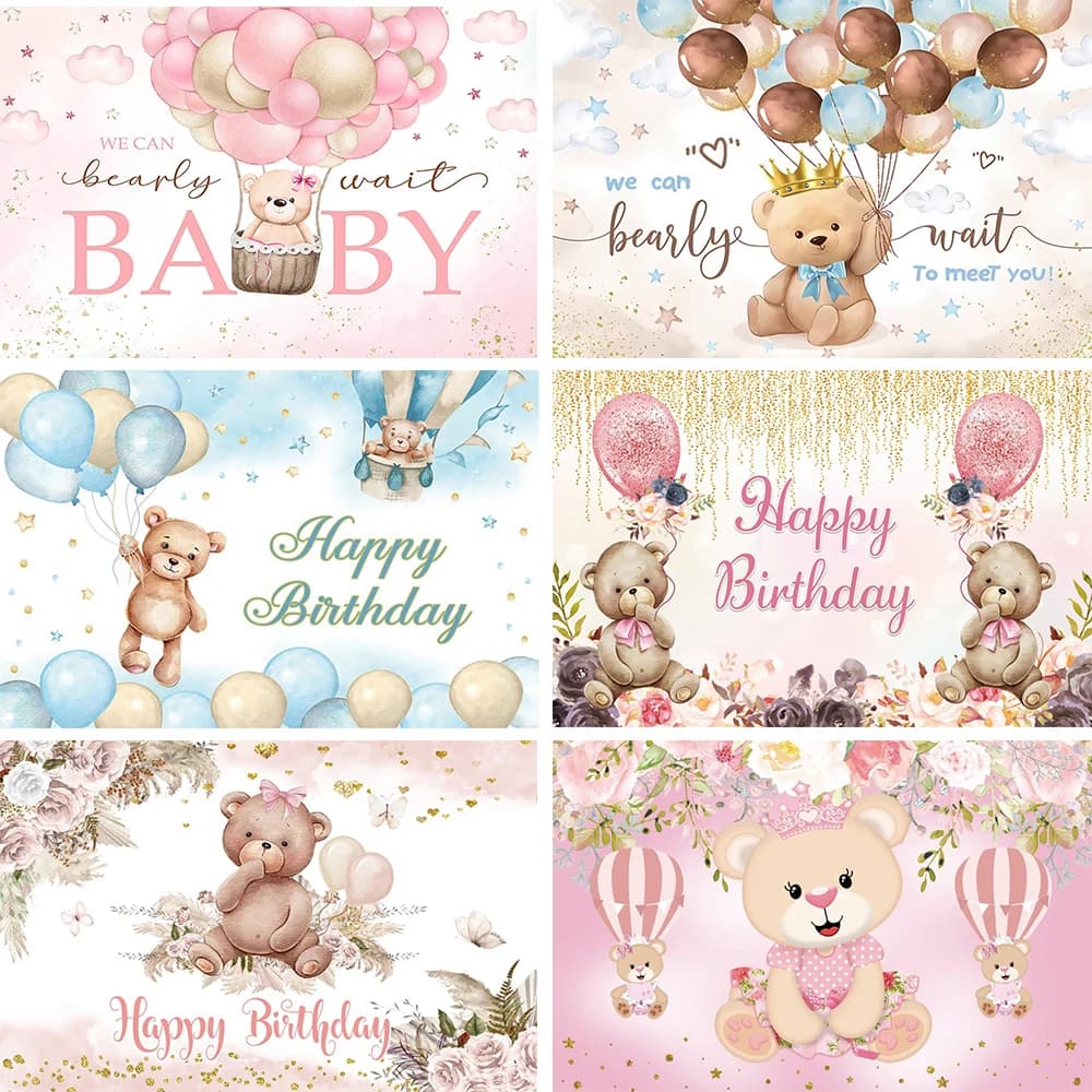 Cartoon Teddy Bear Baby Shower Festa di compleanno Decor Fondali Banner Bambino Fiori Palloncino Fotografia Sfondo Poster Puntelli