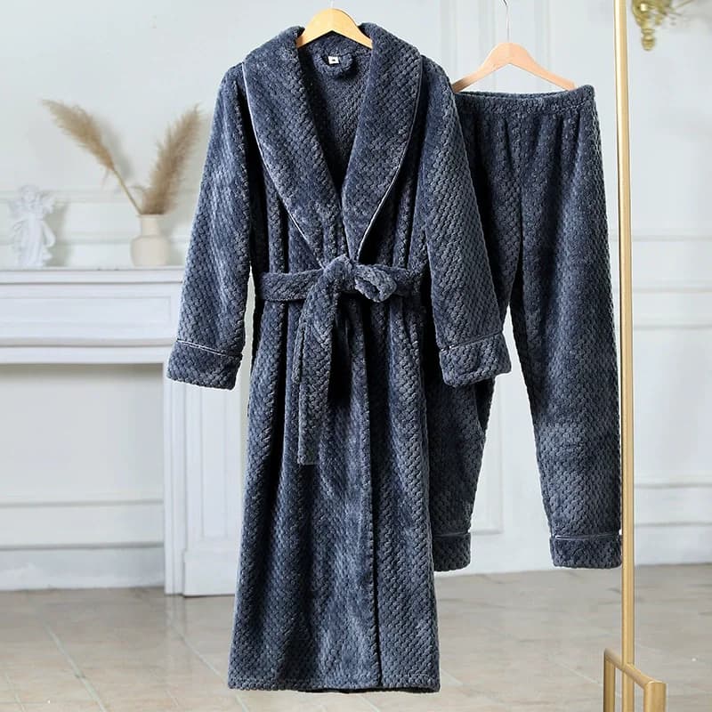 Flanella 2PCS Abito lungo Pigiama Set Coppia Indumenti da notte Inverno Addensare Coral Fleece Uomo Accappatoio Abiti per la casa Pijama allentato