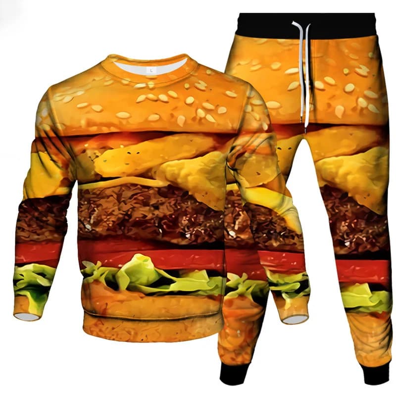 Hamburger cucumber 2 pieces men's set fashion 2 pieces dress print 3D sportswear casual sweatshirt jogging pants 2 sets