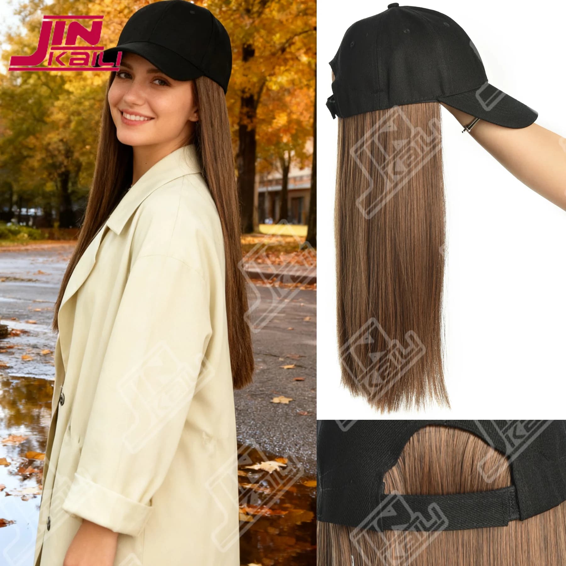 Parrucca sintetica JKL con capelli neri lunghi e lisci, berretto da baseball, estensione dei capelli, design all-in-one elegante e conveniente per le donne