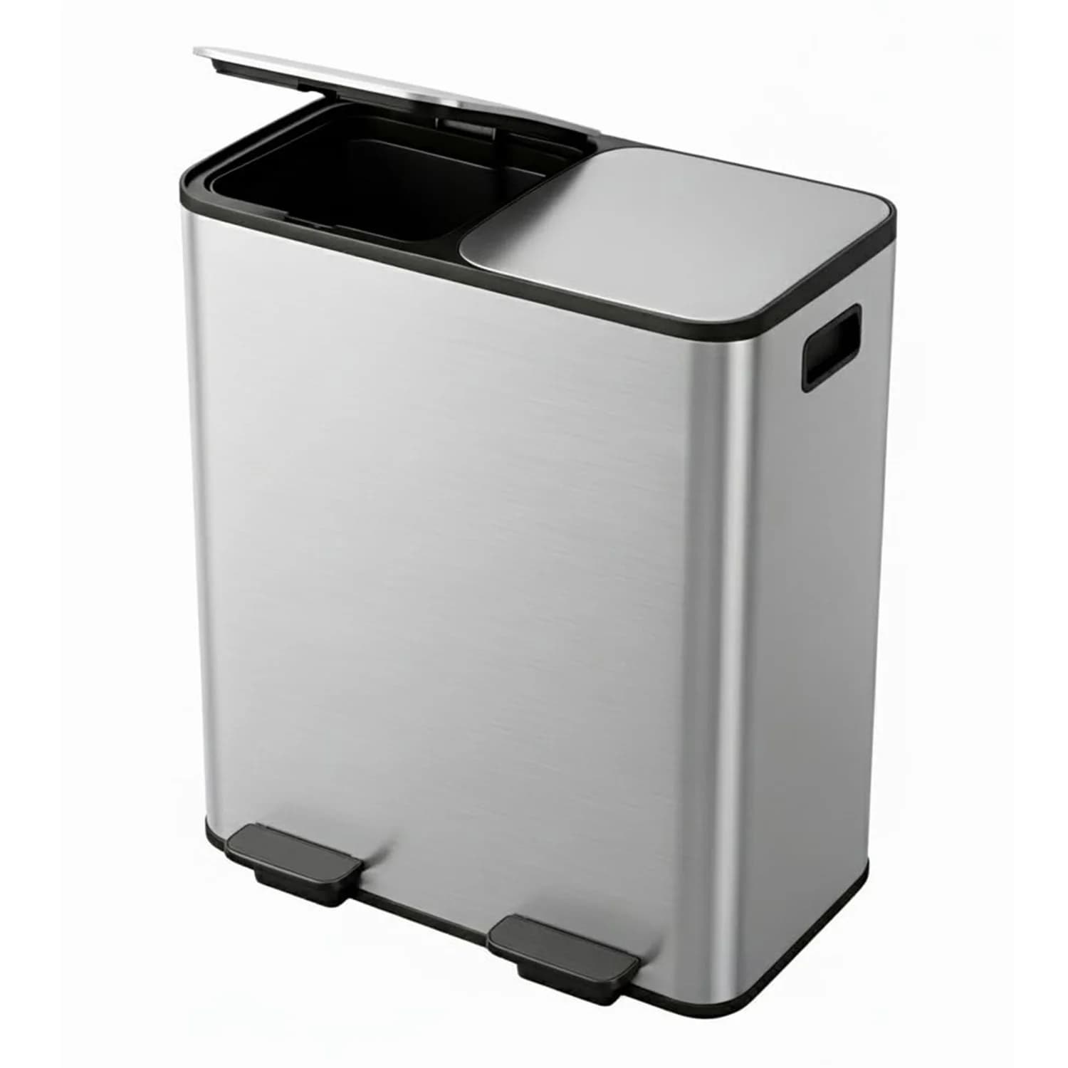 Trash bin with step for domestic kitchen 2 x 10.6 gal (2 x 40 L) Stainless steel trash bin and container for recycling combined with Soft-Close lid