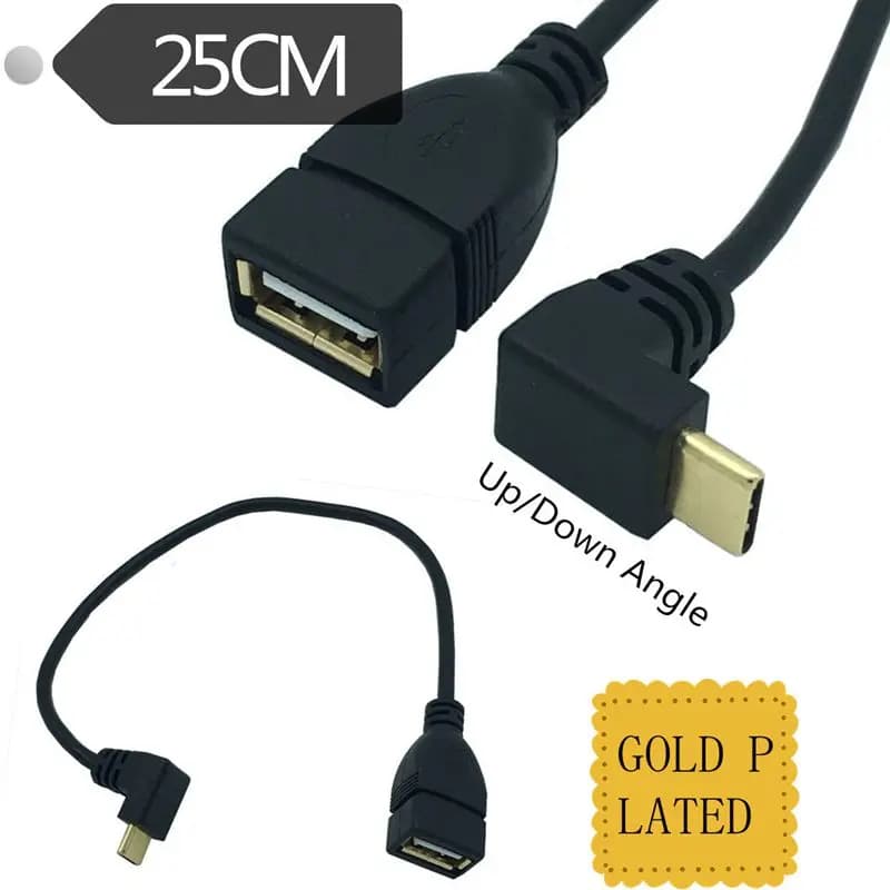 0.25m Gold-Plated Type-C Bent UP and Down to USB A Female OTG Data Cable, Used For Connecting USB Drives to Mobile Phones