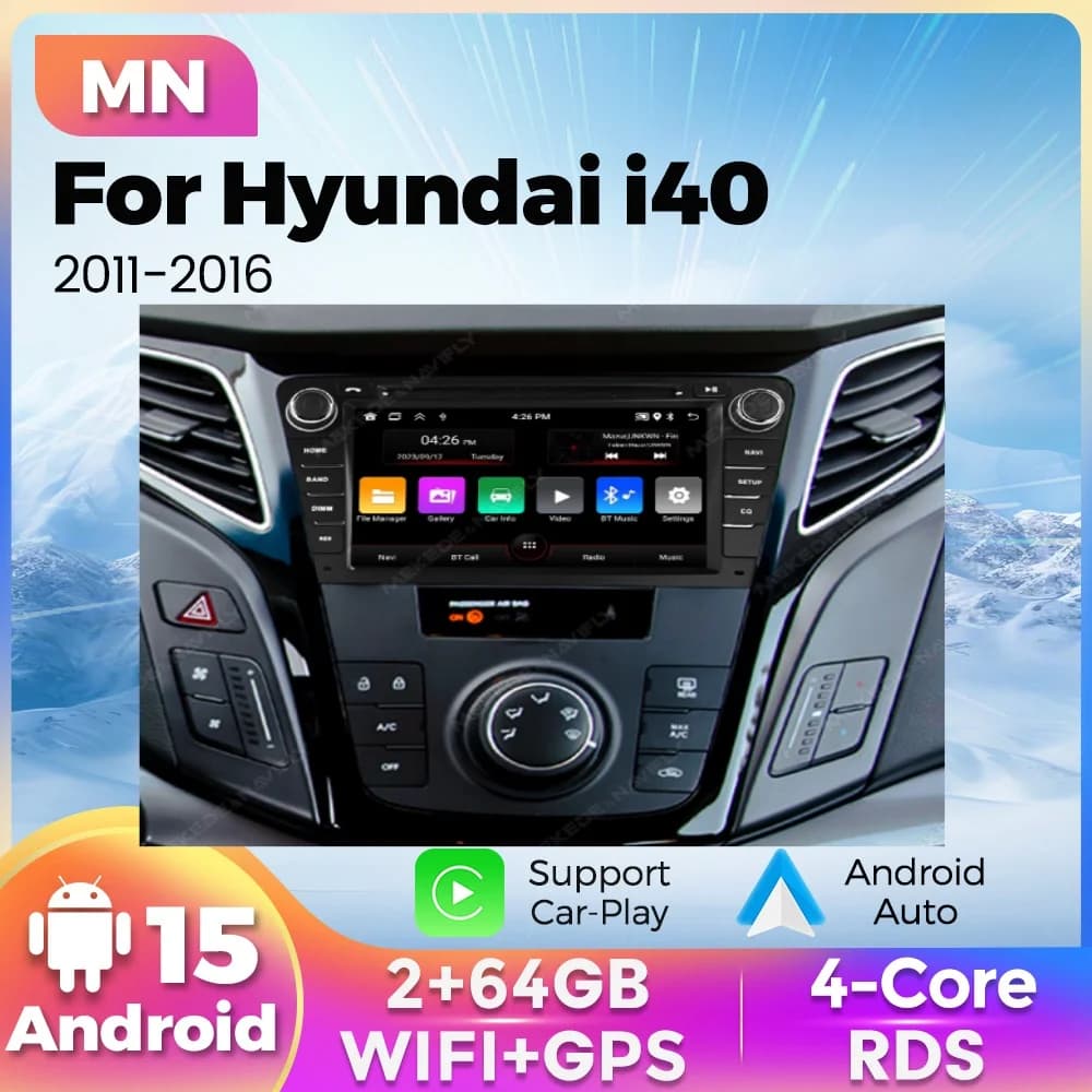 Autoradio Android 15 da 7 Pollici 2 Din per Hyundai I40 2011-2019 con Android Auto, CarPlay, GPS, Lettore Multimediale Video e FM