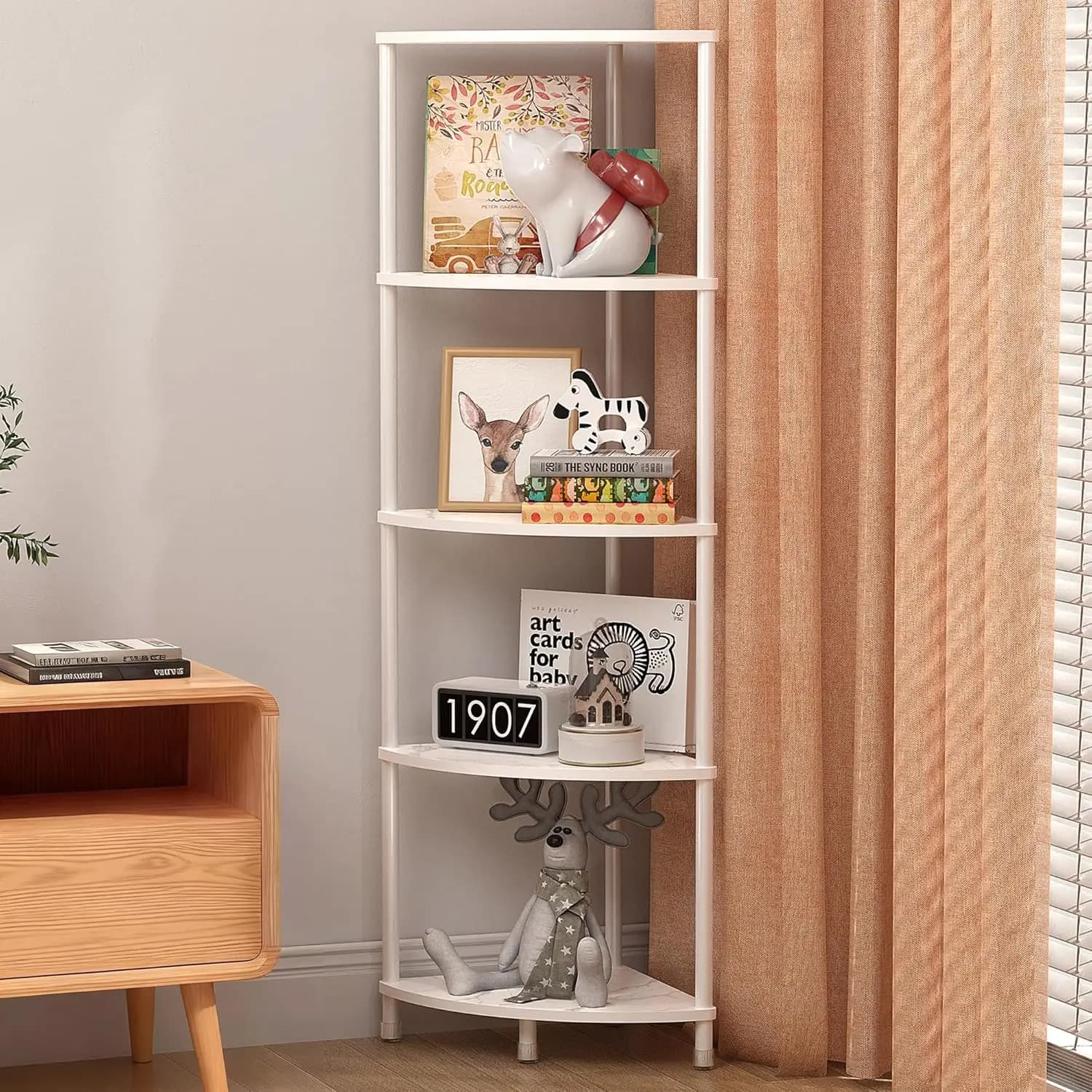 Corner shelf with 5 shelves, 112 cm Kitchen Organizer with Metal Structure, White Marble for Bathroom and Kitchen