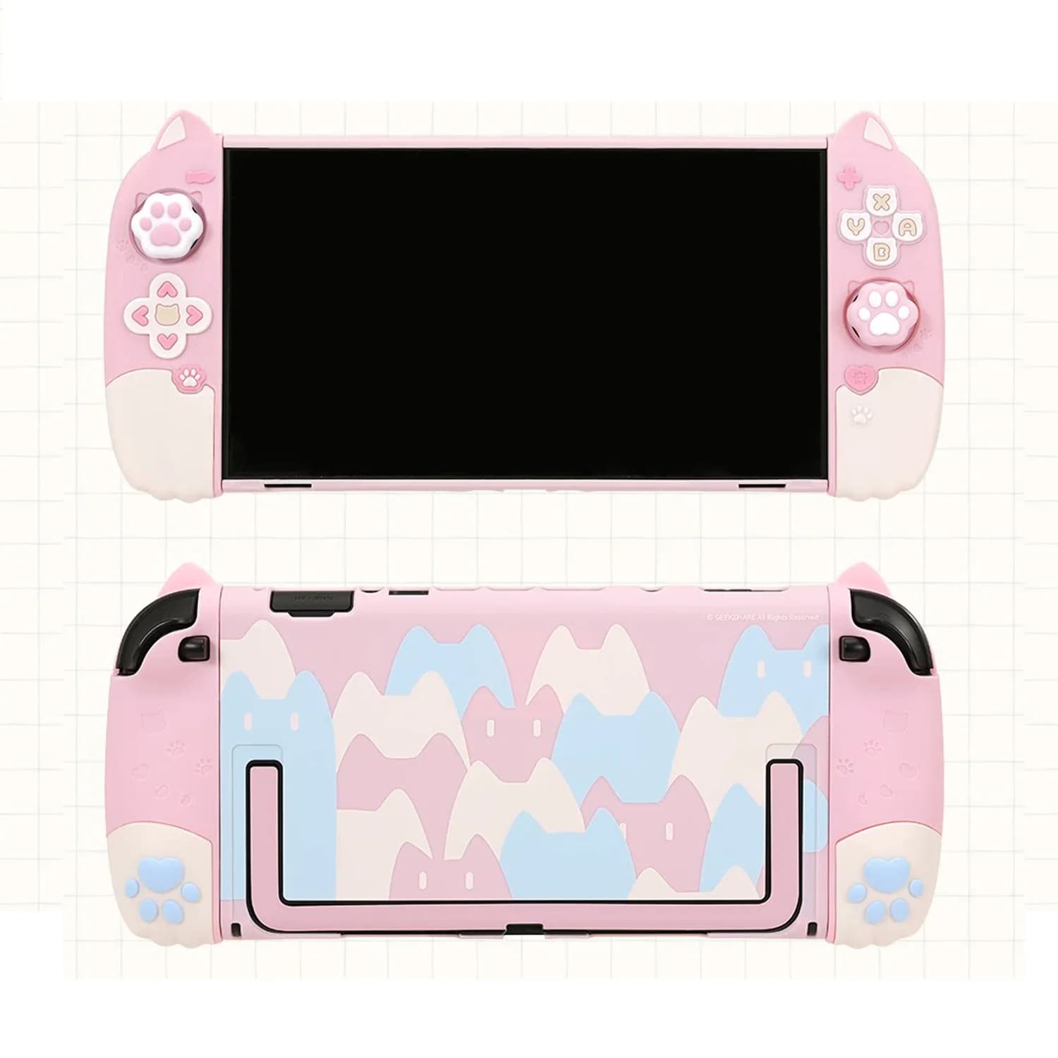 Pink Cat Paw Protecive Case for Switch 2 – GeekShare NS2 PC Back Plate Silicone Joycon Covers with 2 Thumb Grips