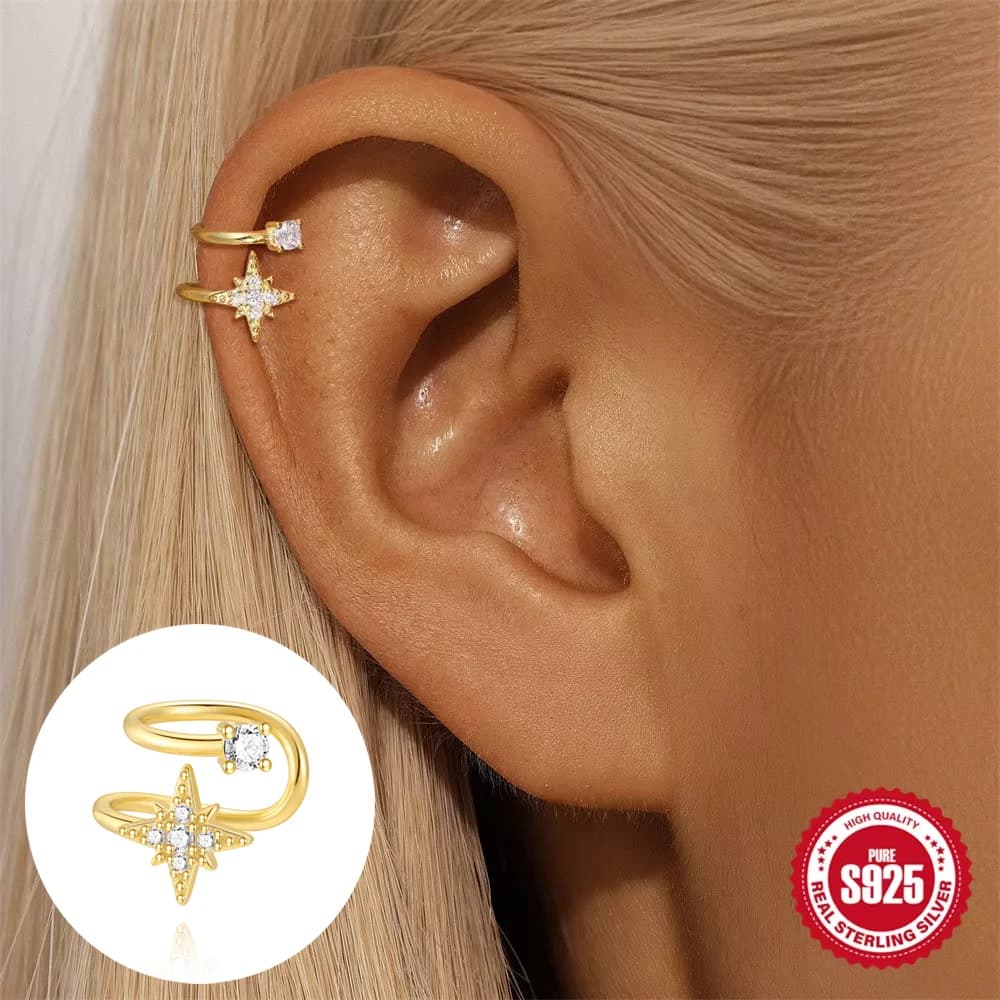 ROXI Octagonal Star Double Layer Sterling Silver 925 Classic Adjustable Ear Clip for Women Versatile Accessories Wearable Daily