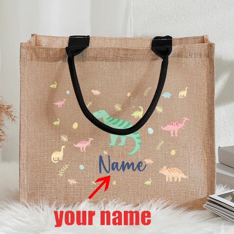 Borsa tote in juta personalizzabile con nome, dinosauri pastello, animali marini vintage, stile circo, borsa per la spesa per bambini, regalo per bambini e amici