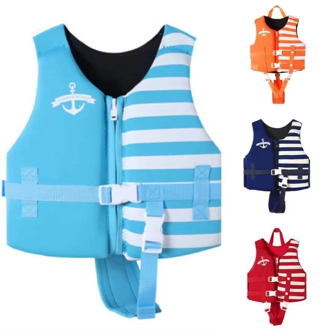 Kids Striped Anchor Print Swim Vest Safety Crotch Strap Adjustable Buckle Children Buoyancy Vest for Swimming Beach Boating