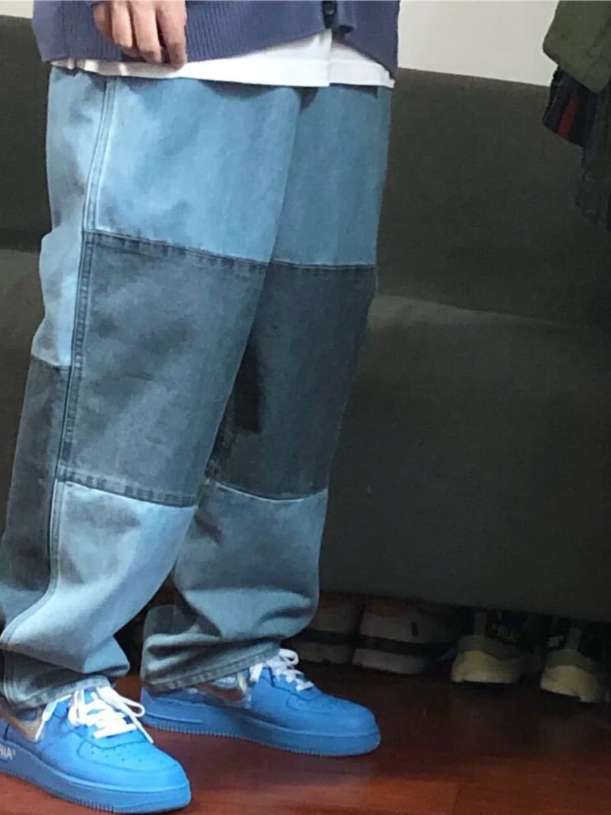 BTTJOB Jeans a Gamba Dritta con Patchwork Diagonale e Doppia Cucitura, Stile Urbano alla Moda per Giovani Uomini