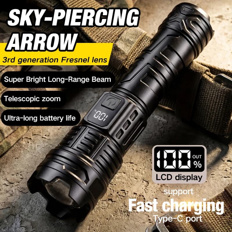 Nuova Torcia Portatile di Emergenza a Lungo Raggio con Luce Potente, Telescopica, Focalizzabile, Display Elettrico e Illuminazione per Esterni