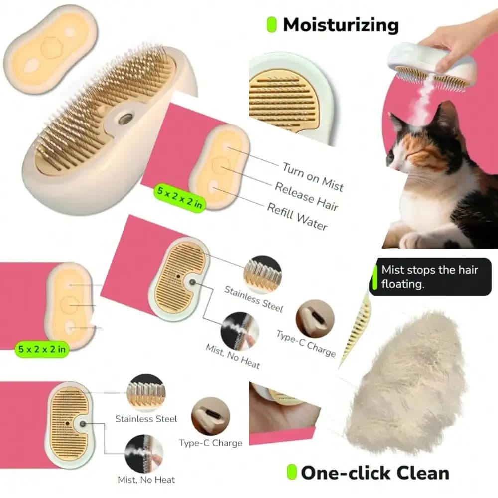 Misty - Pettine idratante per animali domestici - Spazzola per peli con sistema di pulizia a un clic e setole in acciaio inossidabile - Anti-statico e per la rimozione del pelo in eccesso - Per una toelettatura delicata di cani, gatti e piccoli animali domestici - Design compatto senza manico