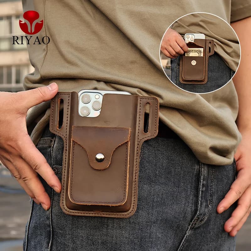 RIYAO marsupio per cellulare da uomo in vera pelle per cellulare fondina per cintura portafoglio per soldi tasca per sigaretta per iphone