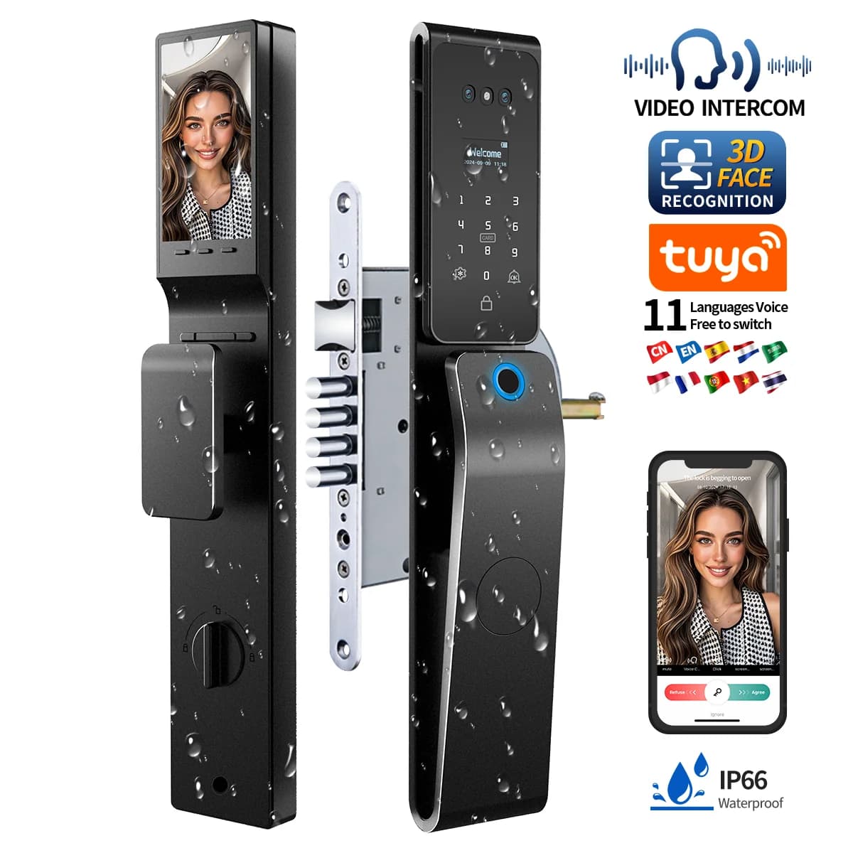 Tuya Wifi Impermeabile Smart Door Look Riconoscimento facciale Chiave scheda serratura digitale per porta in legno Videochiamata biometrica con impronta digitale