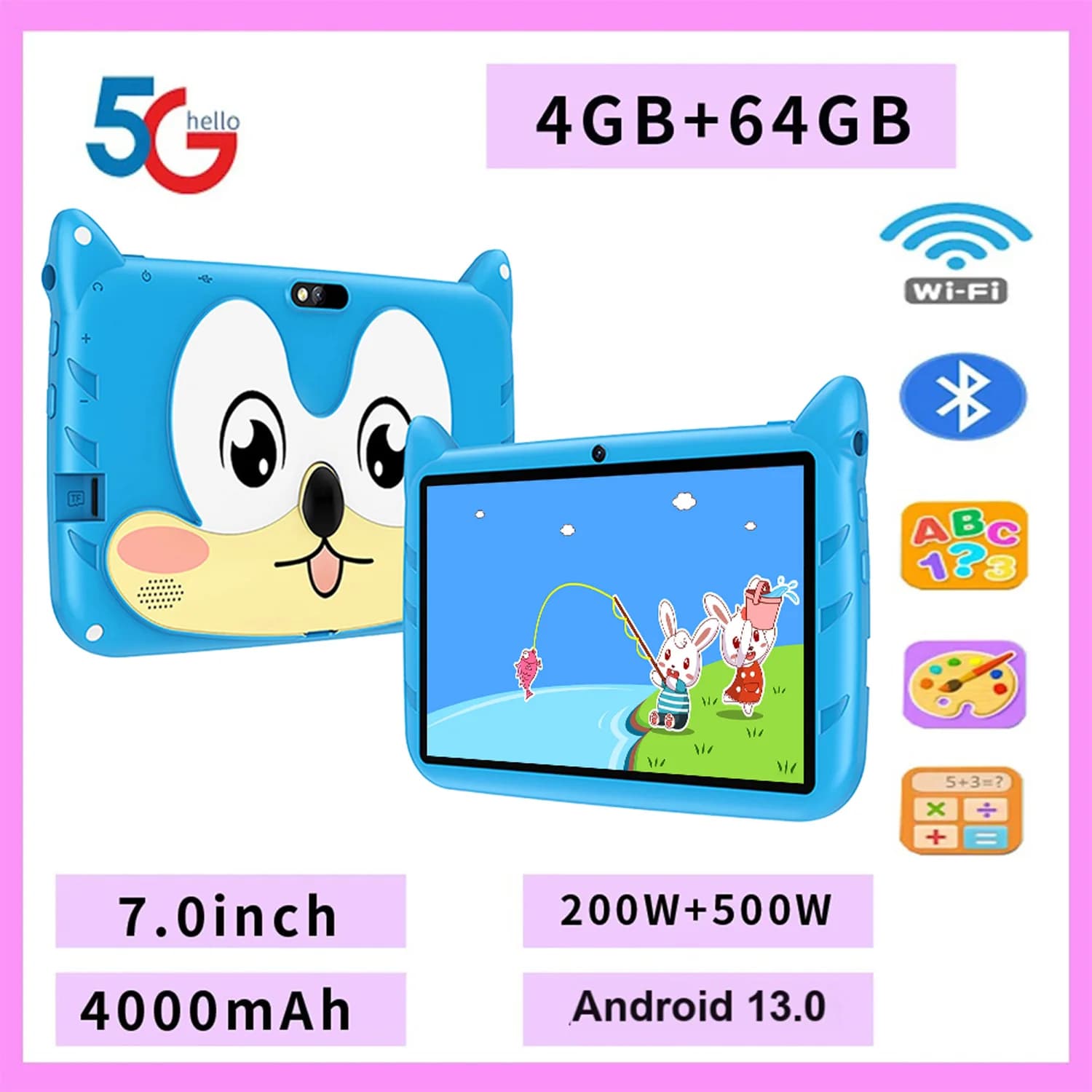 New 7 Inch Children's Tablet with Cartoon Pattern Quad Core 4 GB + 64 GB ROM Bluetooth 5G WiFi Educational Game for Learning Children's Gift