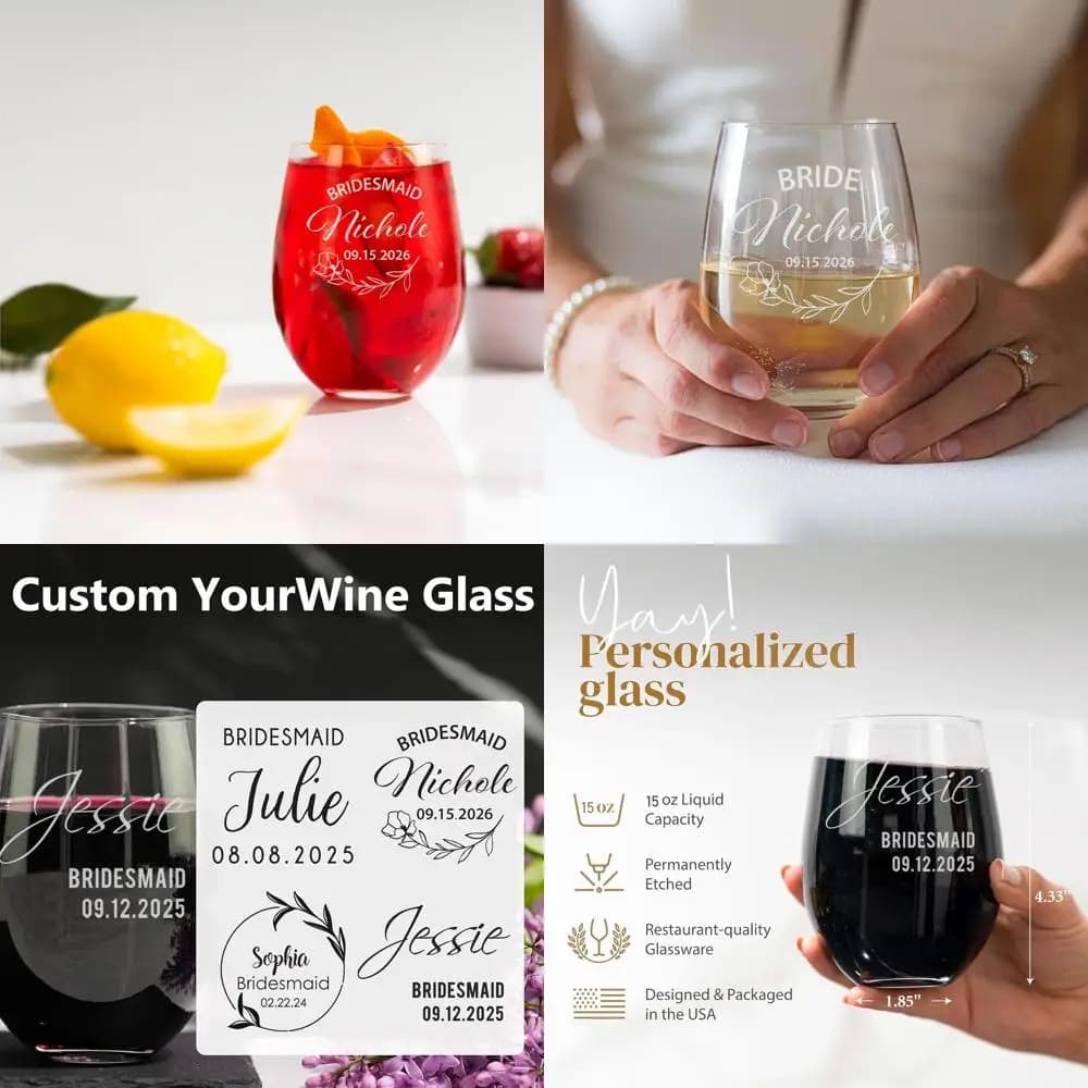 Bicchieri da Vino Personalizzati per Damigelle - Set Personalizzato Senza Stelo per Addio al Nubilato e Feste di Matrimonio