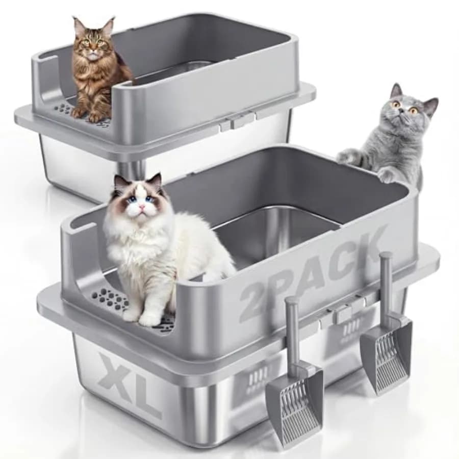 2 Pack XL Stainless Steel Cat Litter Box with Lid and High Sides, 24 L x 16 W x 12 H Extra Large Metal Cat Litter Boxes for Big