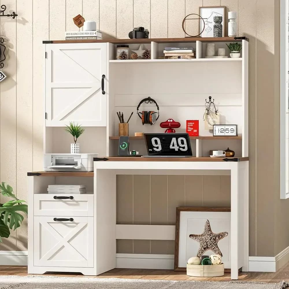 51 inch White Executive Home Office Desk with Charging Station, File Drawer, Storage Cabinet, Monitor Stand, and Hutch