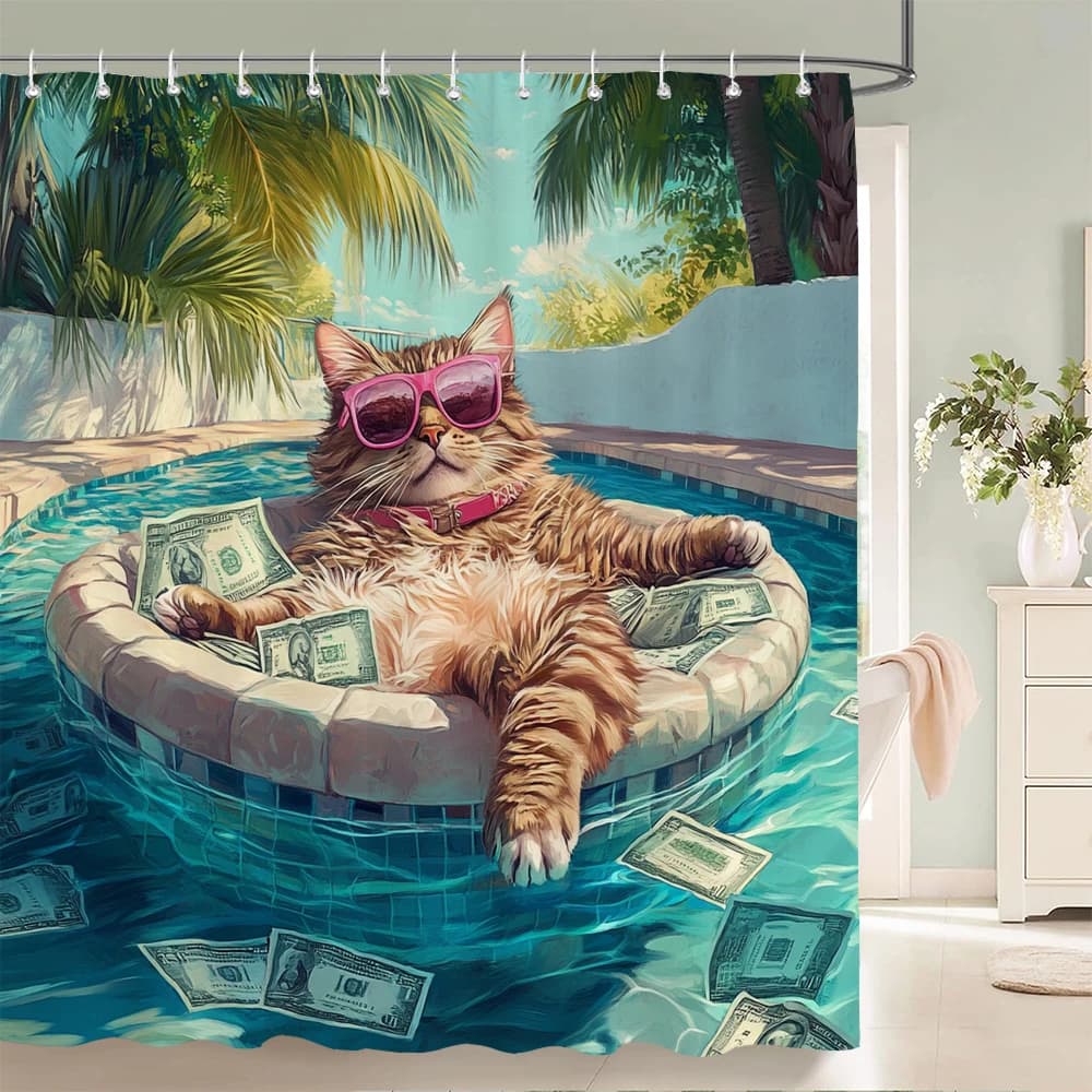 Divertente Tenda da Doccia con Gatto Ricco in Piscina e Soldi, in Tessuto Poliestere Impermeabile, per Bagno, con Ganci, Asciugatura Rapida, Lavabile