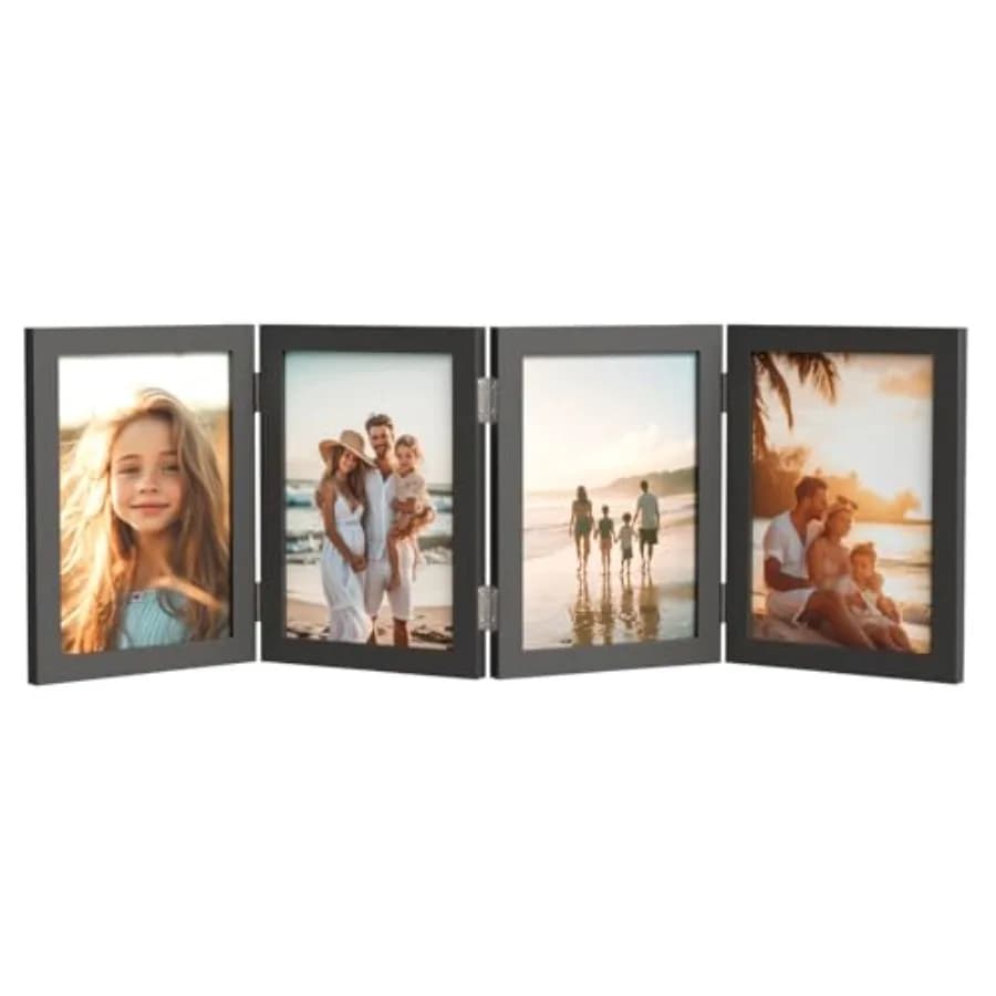 4 Picture Frame, 4x6 Four Folding Hinged Photo Frames, Rustic Wood Desk Family Photo Collage Stand Vertical on Tabletop for Bir