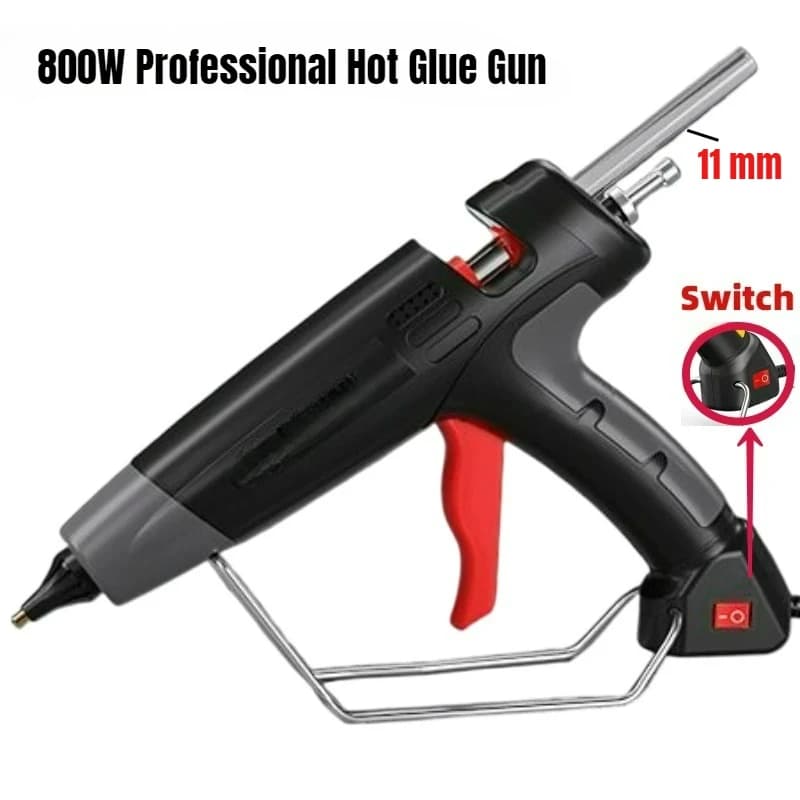 Pistola in silicone caldo da 11 mm nera per utensili per la lavorazione del legno, alta potenza, spina CA 220 V, pistola per colla a caldo professionale da 800 W per riparazioni domestiche, fai da te