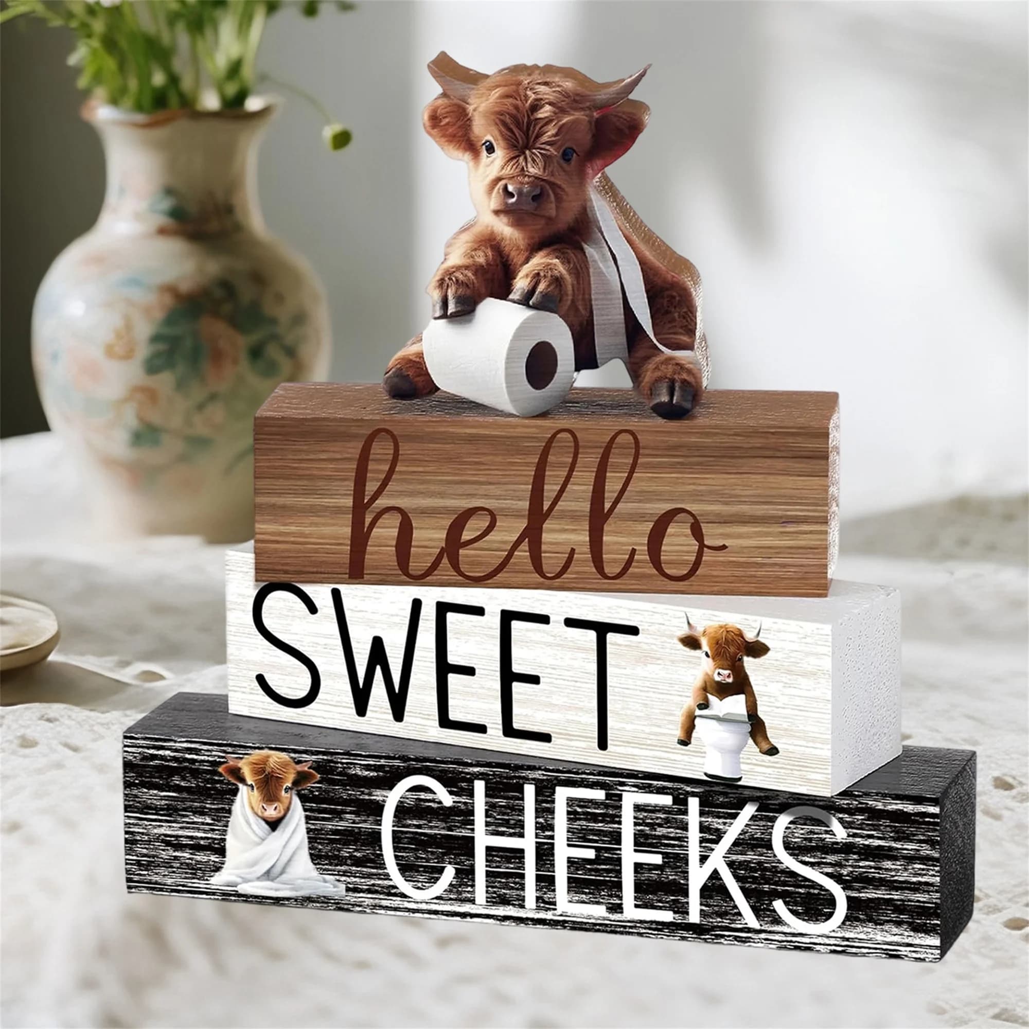 Set di blocchi di lettere rustici per bovini delle Highland - Set di 4 figurine di animali in legno per mensole da parete per bagno e decorazioni per la casa