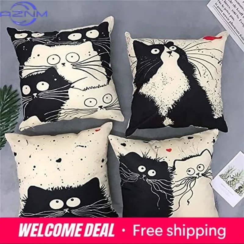 Fodera per cuscino in lino con simpatico gatto, 45x45 cm, per decorazione divano soggiorno casa
