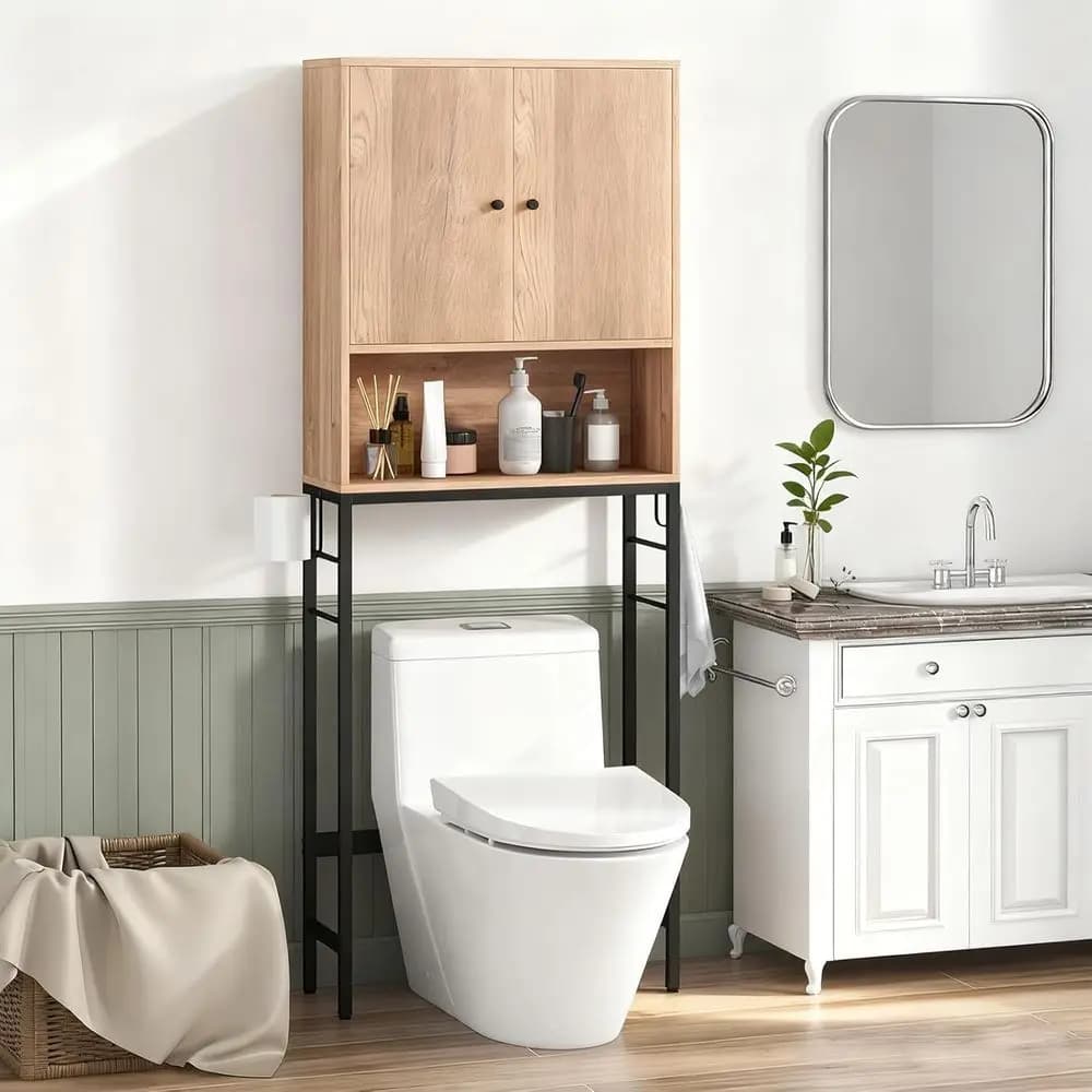 Mobiletto Salvaspazio per Bagno con Portarotolo, Ganci, Ripiano Regolabile e Cubo Aperto