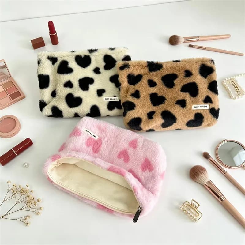 Korean Style Heart‑Print Plush Cosmetic Bag Soft Fluffy Large Capacity Handheld Zipper Pouch For Skincare Makeup Travel Storage