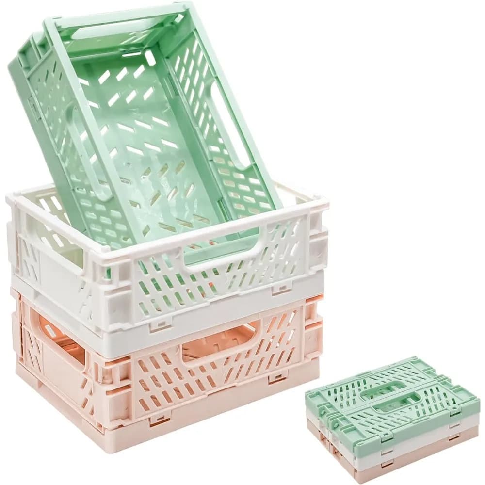 Set di 3 Mini Cestini in Plastica per Organizzazione Scaffali, Contenitori Pieghevoli Impilabili per Organizzazione Scrivania, Casa, Cucina, Aula, Ufficio, Bagno (5.9x3.9x2.2")