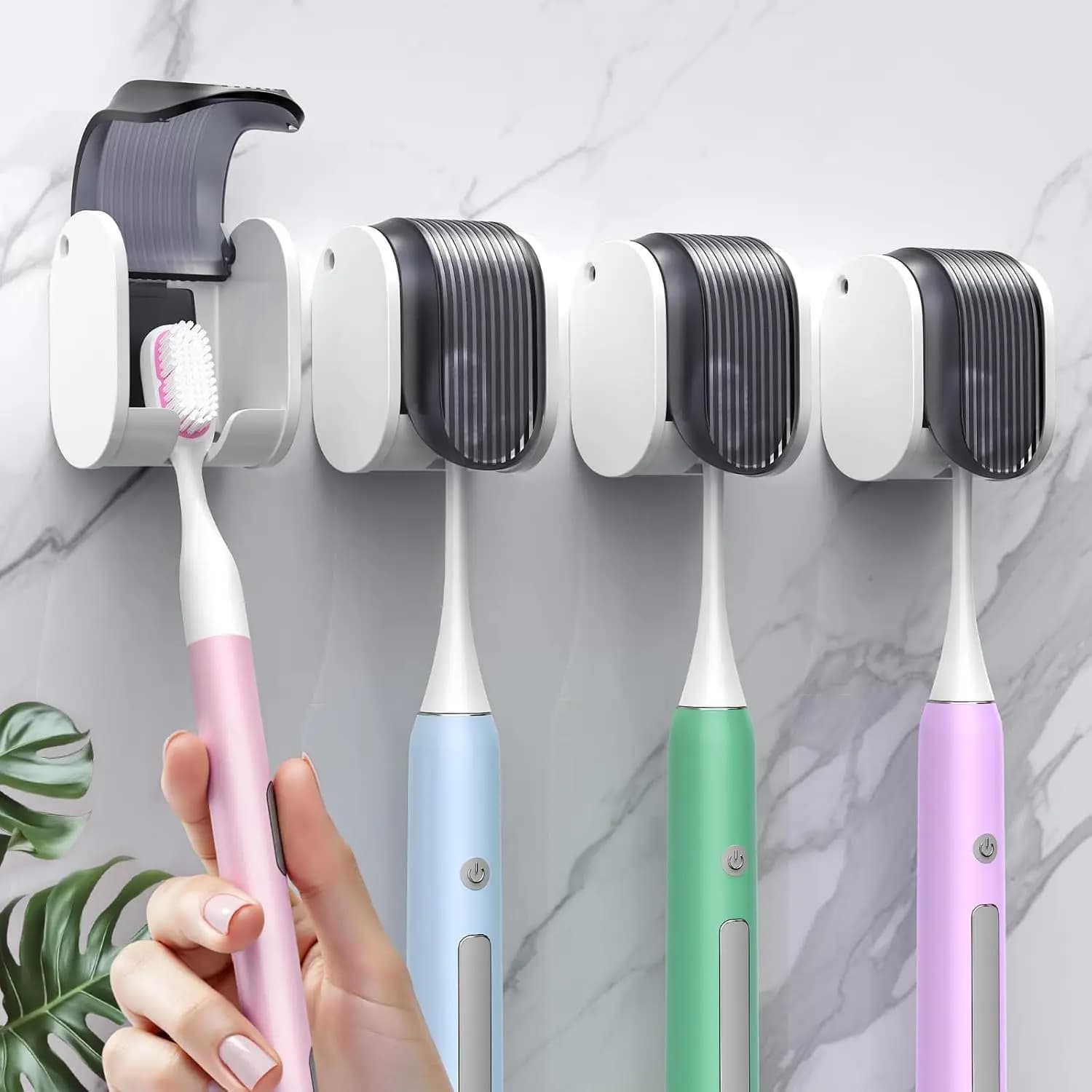 Portaspazzolini da parete, 4 pezzi, design a slot singolo, porta spazzolino autoadesivo da doccia con coperchio, resistente all'acqua
