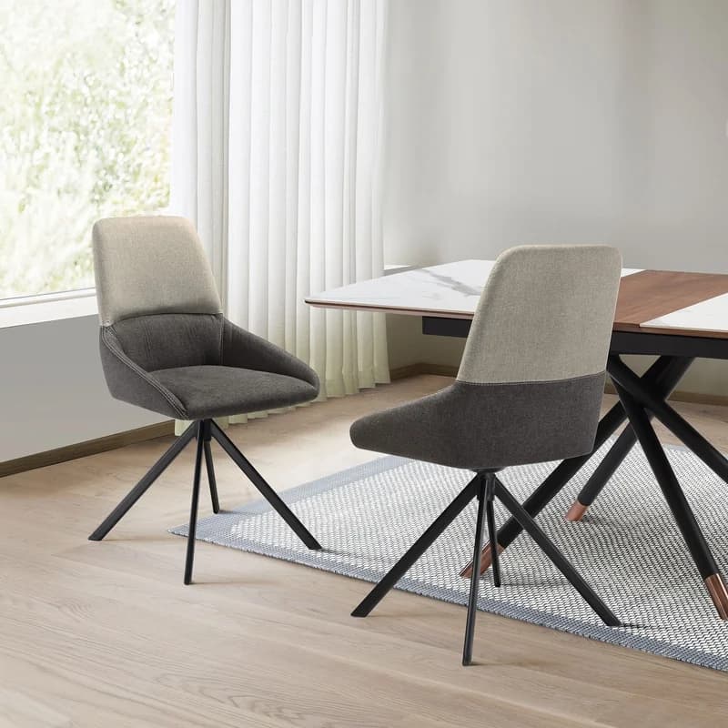 Maverick Swivel Dining Chair Set of 2, Two-Tone Gray Fabric, Black Metal Legs