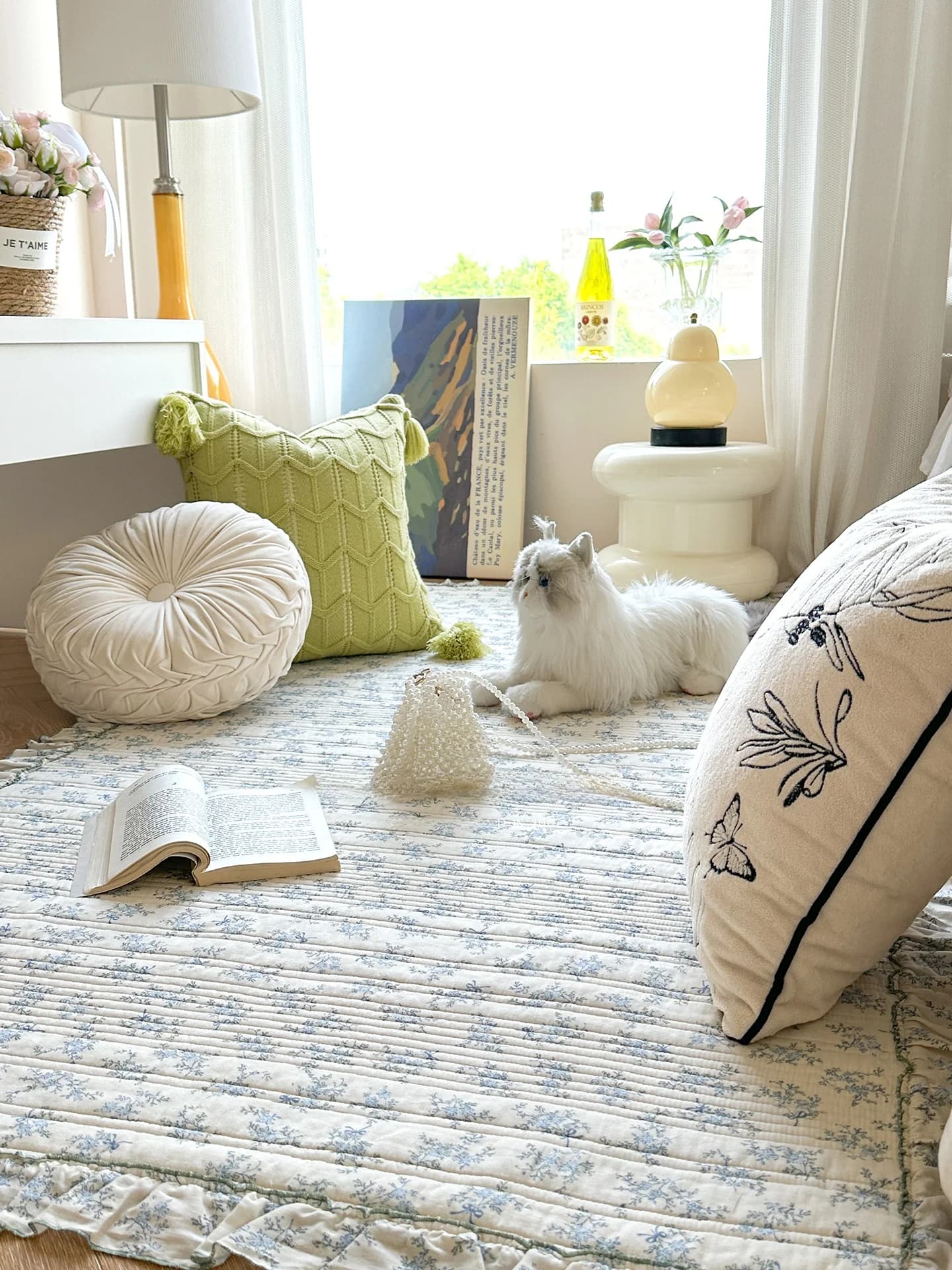 Pure Cotton Washed Double Layer Bedside Carpet Living Room Tea Table Anti-Slip Floor Mat French Style Home Textile Rug