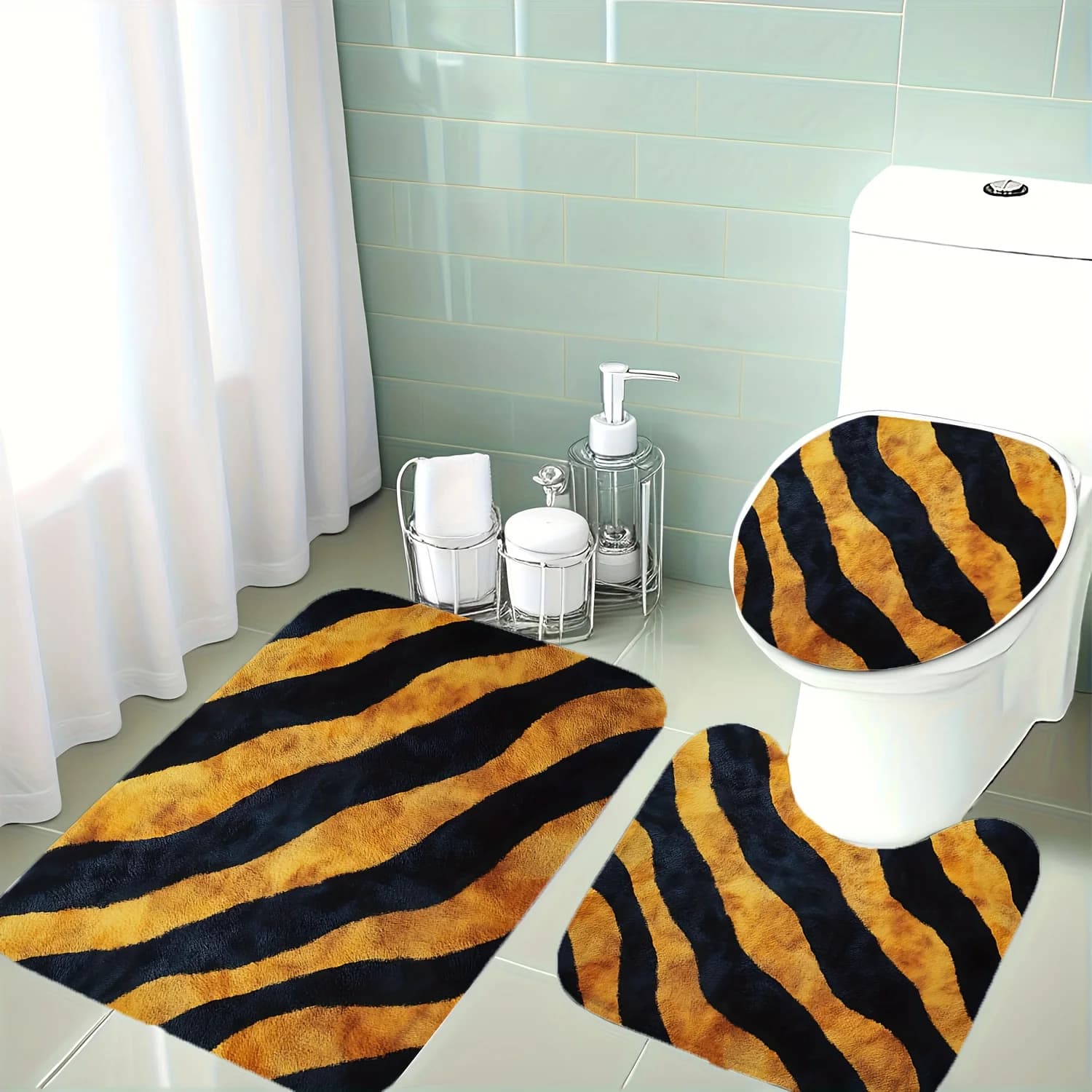 Set di 3 Tappetini da Bagno con Motivo Tigrato, Antiscivolo, Morbidi, in Peluche, con Copriwater e Tappetino a U, Decorazione Moderna a Tema Giungla
