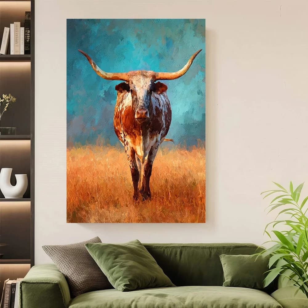 Quadro con cornice Texas Longhorn Wall - Tela incorniciata adatta per l'arredamento di camere e cucine, poster a tema Texas, decorazione autunnale