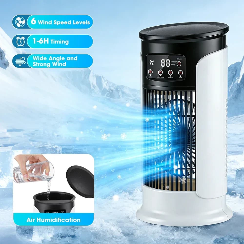 Ventilatore 3 in 1 per la casa, condizionatore d'aria portatile a 6 velocità, raffrescatore d'aria con luce notturna a LED, umidificatore, ventilatore regolabile per ufficio e casa