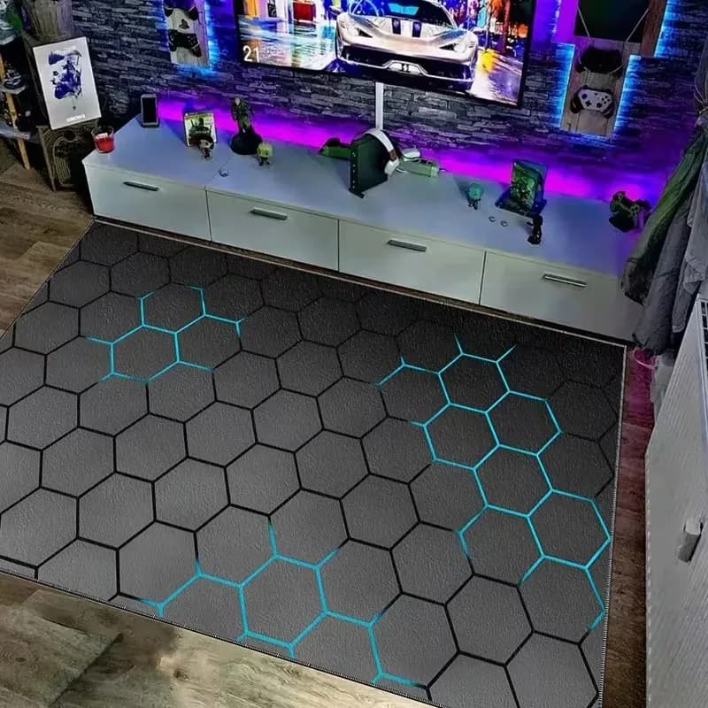 VIKAMA 3D Red Hexagon Tech Gaming Rug Non Slip Stain Resistant for Boys Gamer Chair Game Room Bedroom
