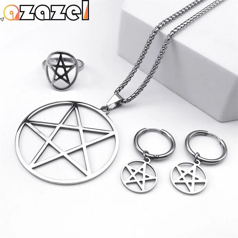 Stainless Steel Pentagram Pentacle Star Necklace for Women Men Punk Hoop Earrings Ring Bracelet Jewelry Set Conjuntos De Joyas