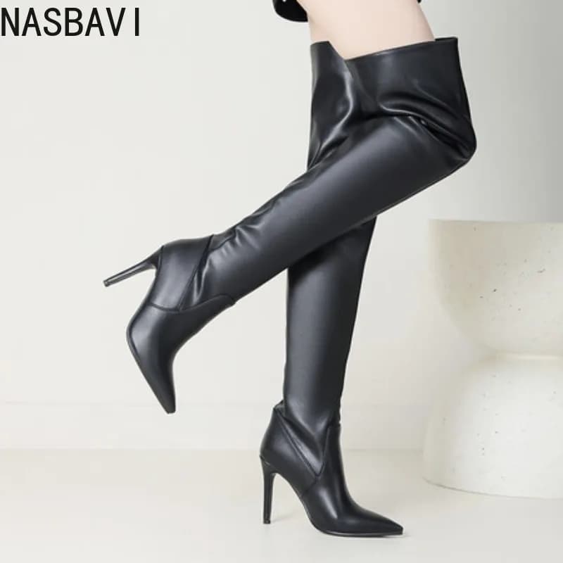 NASBAVI Black Pointed Toe Luxury Designer Women Shoes Wide Calve Thin High Heels Overknees Pleated Winter Stiletto Boots 34-42