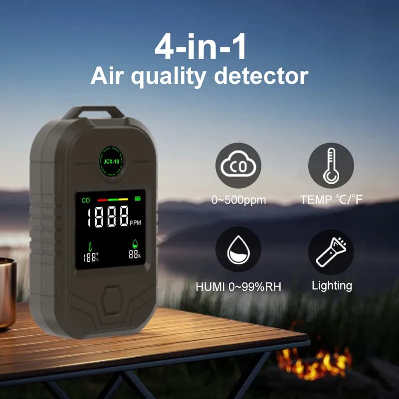 4 in 1 Portable Carbon Monoxide Detector Long Battery Life CO Alarm with Temperature Humidity Flashlight for Camping Home