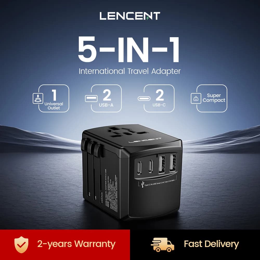 LENCENT Adattatore da viaggio universale Adattatore con spina internazionale con 2 porte USB-C + 2 USB-A Caricatore da muro per viaggi UE UK USA AUS