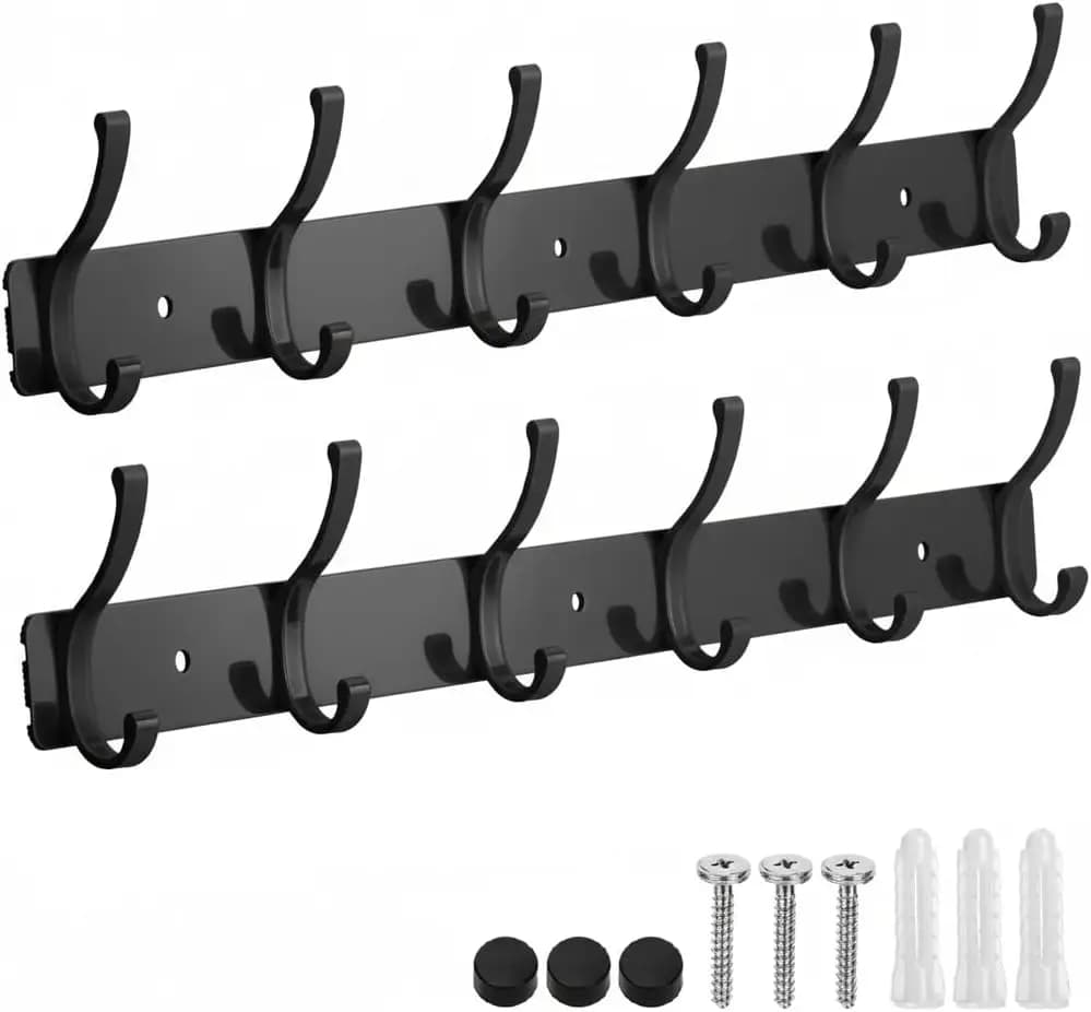 Wall Mount Coat Rack 2 Pack, Double Hook Hanger for Entryway Bathroom, Towel Hat Organizer for Robes Clothes Bags