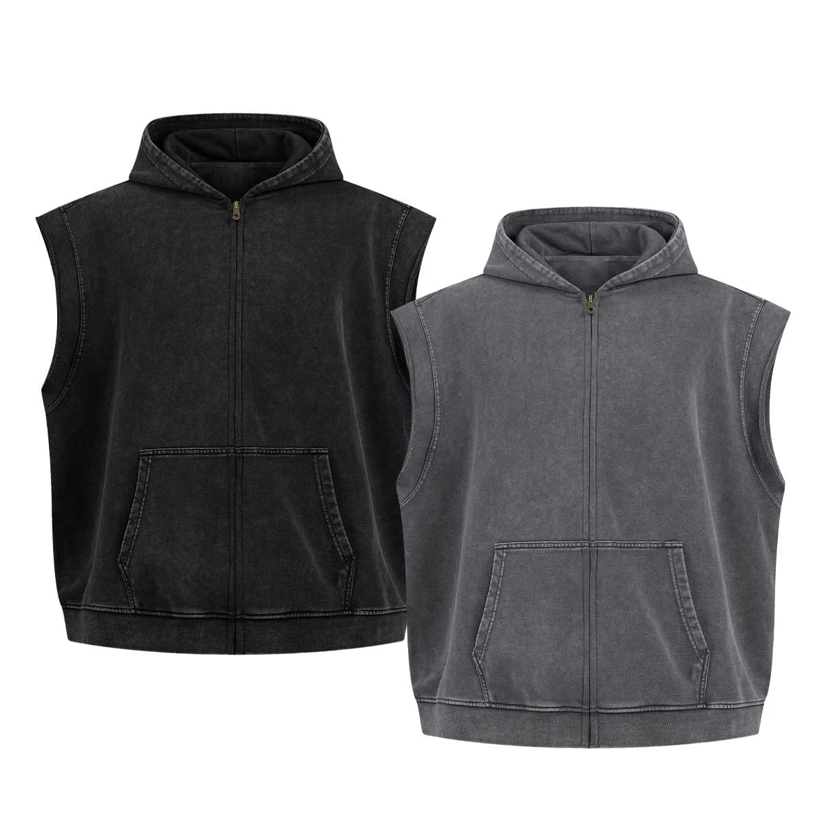 2026 Spring Summer Washed Zipper Hoodies For Men Unisex Distressed Sleeveless Cotton Hooded Coat Outwears