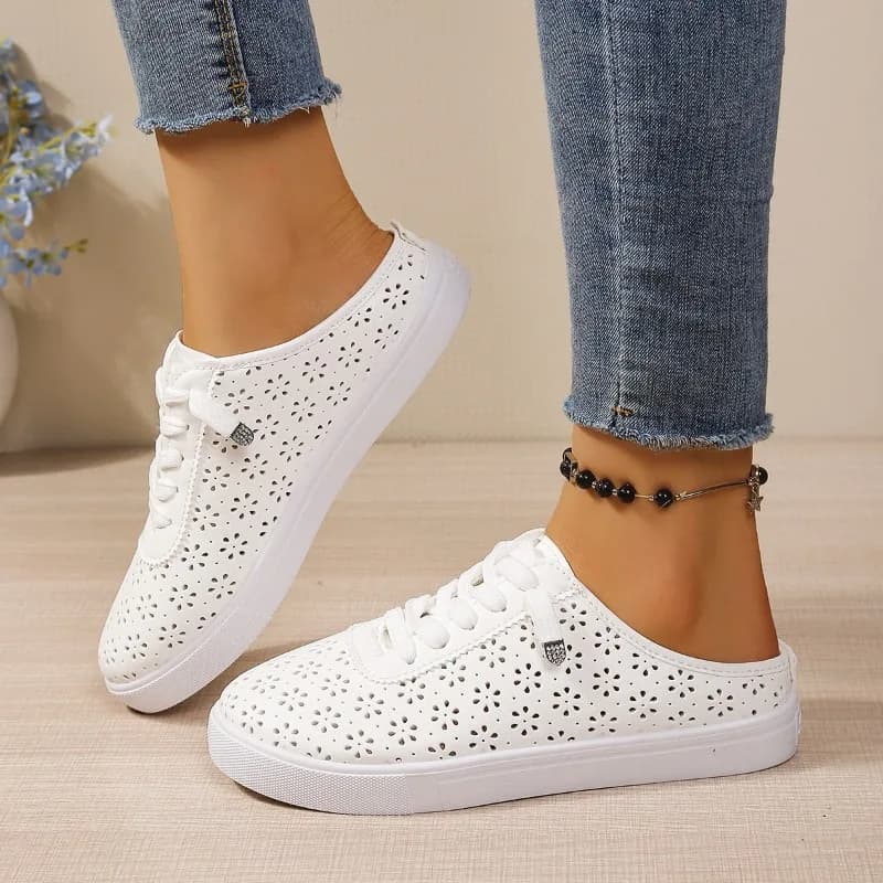 Floral Cutout Slip on Mule Trainers Elastic Quick Laces Flat White Ladies Summer Street Non Slip Casual Shoes
