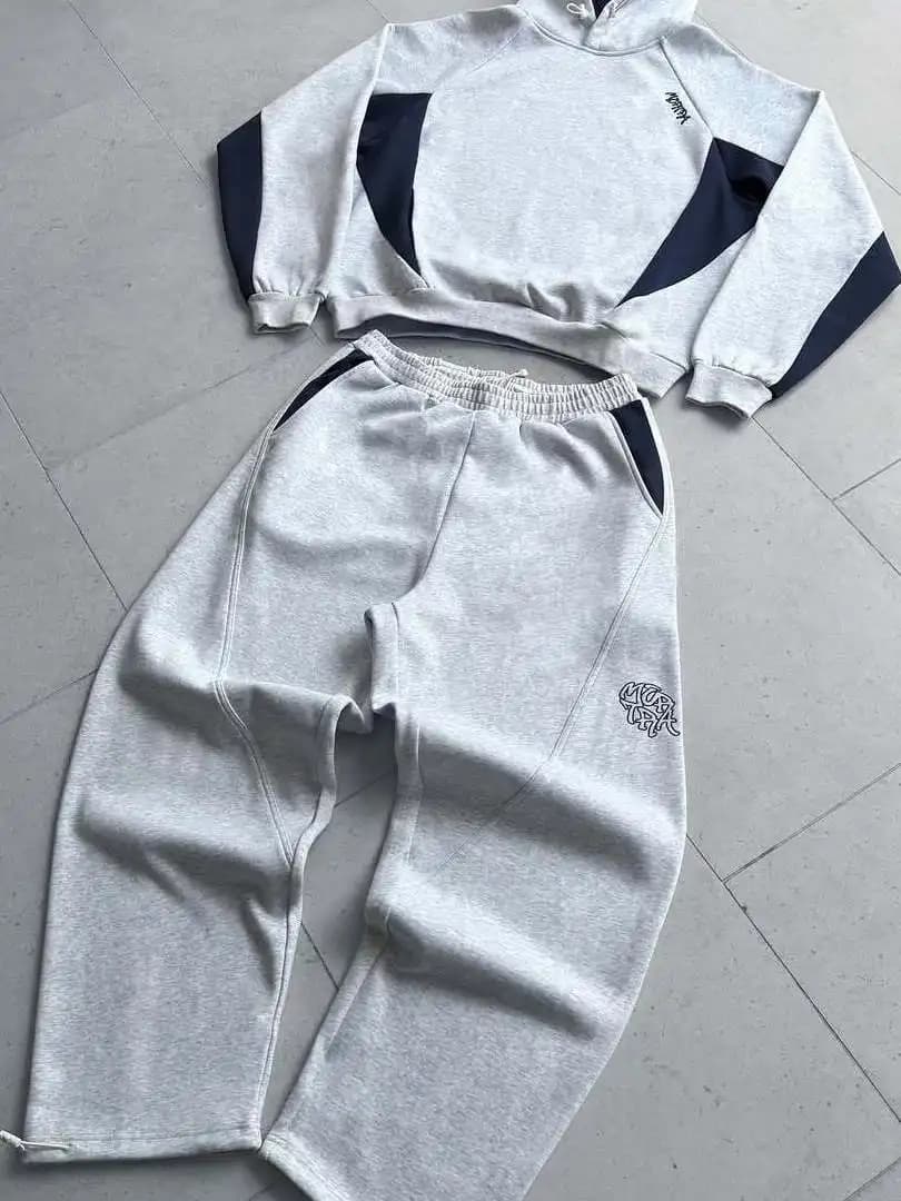 Felpa con Cappuccio Ricamata Patchwork Stile Hip Hop Americano Pesante da Uomo, Set Sportivo Largo Autunnale con Maniche Lunghe e Pantaloni Lunghi, per Giovani