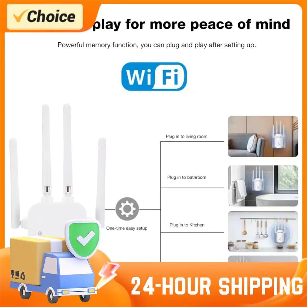 Ripetitore WiFi 1200/300Mbps Amplificatore di Segnale 2.4G 5G Estensore di Rete con 4 Antenne Router Wireless