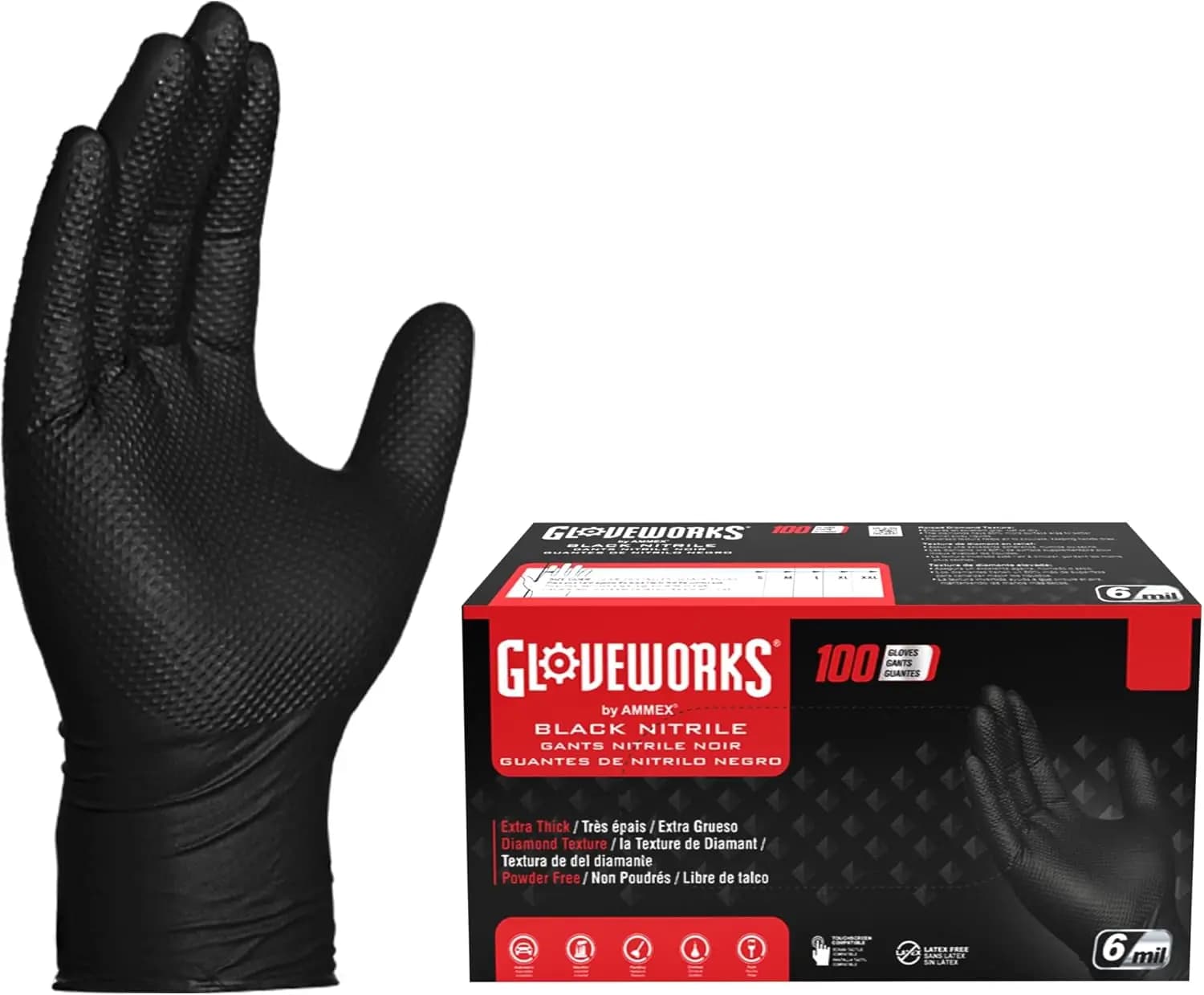 GLOVEWORKS Black Nitrile Gloves 6 Mil, Disposable, Raised Diamond Texture, Latex Free, Food Safe, Industrial Mechanic Glove
